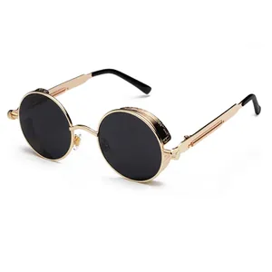 Vintage steampunk sunglasses with round gold metal frames and side shields for men and women