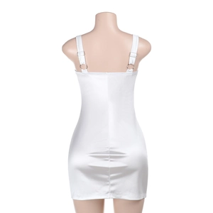 Detail view of white satin mini dress back with adjustable metal rings on straps