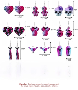 Detailed size and weight chart for various Gothic Halloween skeleton and heart earrings