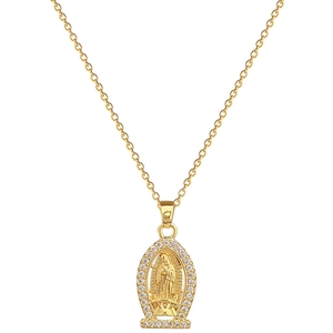 Luxurious gold stainless steel oval necklace with Guadalupe portrait and crystal pavé