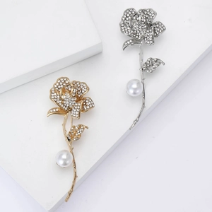 Elegante Legierung Strass Rose Blume Brosche Mit Runder Kunstperle Gold Silber Blumennadel Für Hochzeit Damen Schmuck