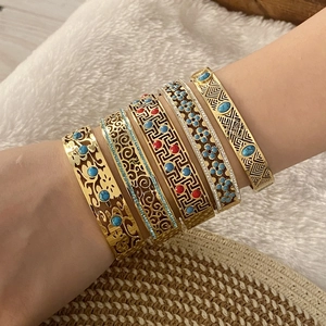 Vintage Hollow Out Bangle Bracelet Stainless Steel Turquoise Rhinestone Geometric Boho Gold Plated Jewelry For Women