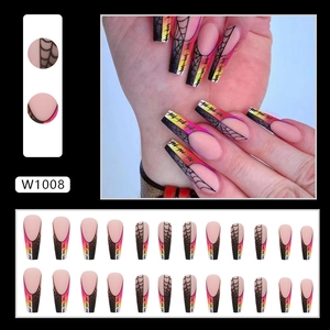 Long ballet press-on nails with spider web design and rainbow gradient art for Halloween