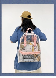 Close-up of clear PVC backpack with pink straps shown on back of model