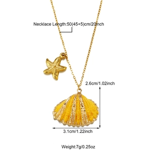Detail view of gold shell and starfish pendant necklace with size and weight dimensions