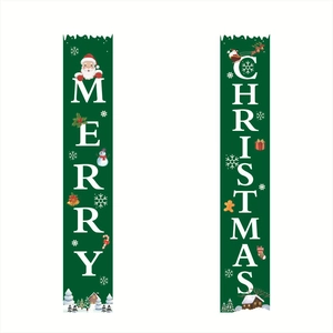 Detailed view of green Merry Christmas door banners with Santa Claus and snowman motifs