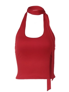 Red halter neck summer crop top with matching ribbon tie on a plain white background