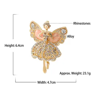 Vintage fairy brooch in gold alloy with pink stones and rhinestones 6.4x4.7cm