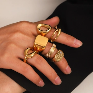 Polished gold croissant rings set for women featuring hollow and geometric metal designs