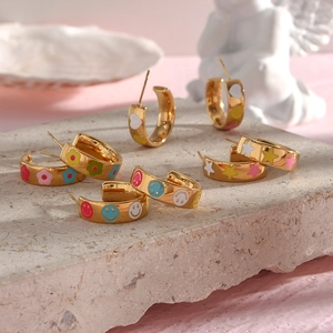 Stainless Steel Colorful Enamel Smiley Face Heart Star Flower Hoop Earrings 18K Gold Plated C-Shaped Fashion Ear Jewelry