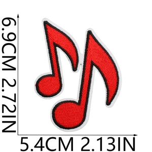 Detailed view of red music note embroidery patch with 6.9cm height dimensions