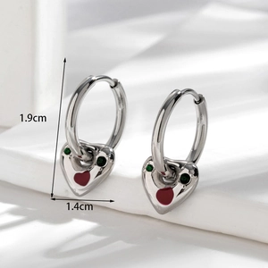 Silver stainless steel heart earrings with red and green enamel, size 1.9cm x 1.4cm