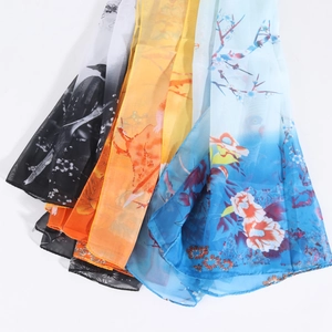 Detailed view of lightweight semi-transparent chiffon scarves with diverse floral prints