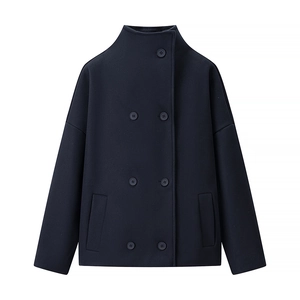 Detailed close-up of double-breasted navy wool jacket with high collar and pocket detail