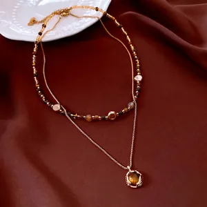 Collier Double Rang En Oeil De Tigre Et Künstliche Perles Baroques Plaqué Or 18K Chaîne En Cuivre Rétro Femmes