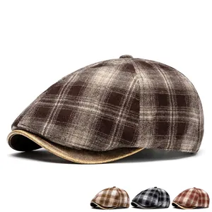 Retro plaid flat cap with leather brim for women, showing four color options on white background