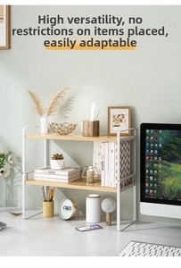 Detail of minimalist two-tier desk organizer with white metal frame and wood grain finish