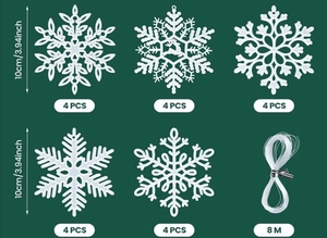 Set of 20 pieces 10cm white plastic snowflake ornaments with 8m transparent hanging string