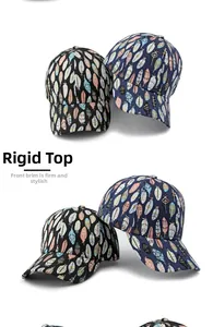 Detailed view of structured crown and colorful feather print on baseball cap