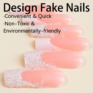 Long square French white gradient fake nails with glitter accent on minimalist background