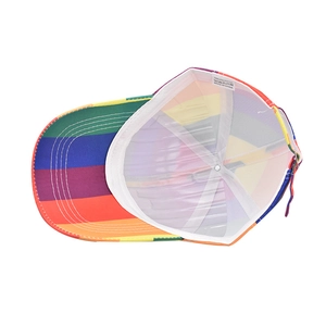 Detailed interior of rainbow striped baseball cap showing sweatband and care label