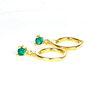 Elegant gold S925 silver hoop earrings with round green zircon stone pendants