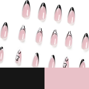French almond fake nails set with nude pink base, black tips and heart designs