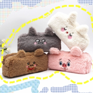 Cute large capacity plush pencil case with animal ears in four assorted colors