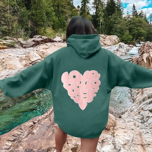 Oversized dark green hoodie for men and women with pink LOVE YOURSELF heart print on back