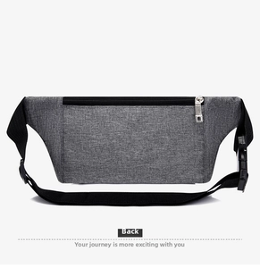 Back view of gray oxford fabric running belt with durable buckle and nylon strap