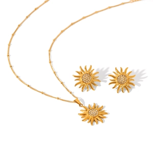 18K gold plated stainless steel sunflower necklace and earrings set with tiny rhinestones