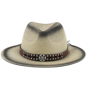 Panama style woven straw hat with gradient finish and brown studded leather band