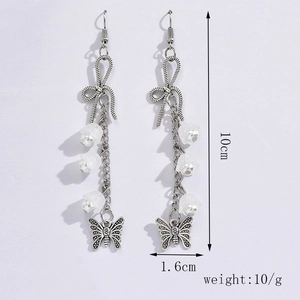 Detailed size chart of vintage long butterfly tassel earrings with silver flower beads