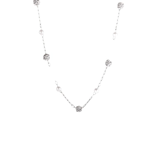 Elegant silver chain necklace with pearls and sparkling crystal pavé ball pendants
