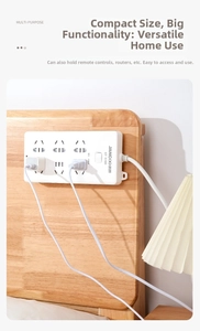 Macro detail of white 2500W power strip with switches mounted on wooden headboard
