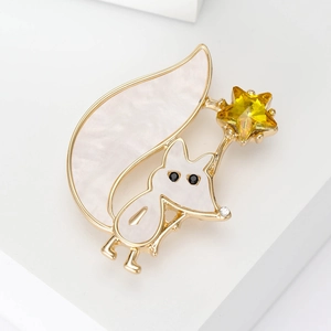Elegant white resin fox brooch with golden alloy frame and yellow star crystal accessory