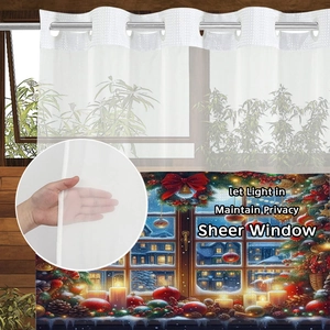 Christmas sheer shower curtain with festive window print and metal eyelets for privacy