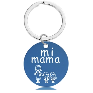 Blue metal keychain with Spanish engraving Mi Mama and mother with two children figure