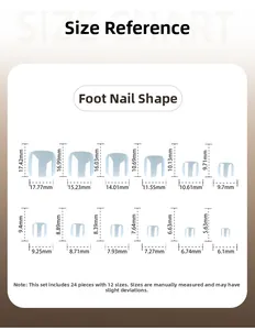 Guide des tailles pour ongles de pieds bleu avec dimensions pour 12 tailles différentes