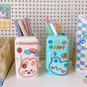 Cute fridge-shaped desktop pen holders in blue and white with cartoon animal patterns