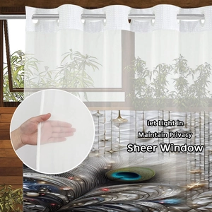 Waterproof peacock feather print sheer shower curtain with metallic hanging rings for bathroom