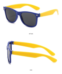 Dual view of kids sunglasses in vibrant blue and yellow contrast with silver rivet detail
