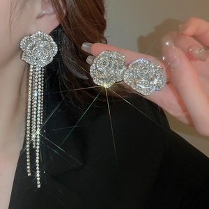 Sparkling silver flower tassel earrings set with rhinestones on a female model