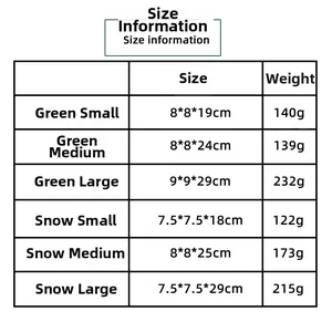 Size chart showing dimensions and weight for mini flocked Christmas trees with wood base