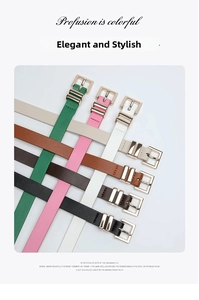 Detailed flat lay of multi-color slim belts featuring elegant rectangular metal buckles