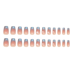 French blue cat eye press-on nails with glitter ombre and white cloud star designs