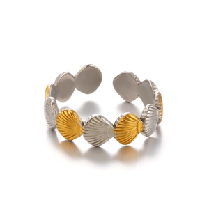 Two-tone minimalist shell ring in stainless steel with adjustable open band and 18K gold plating