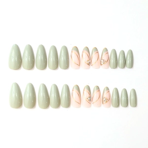 Green almond press-on nails with minimalist line art and rhinestones, 24-piece full set