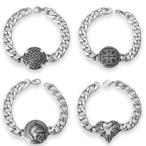 Stainless Steel Cuban Chain Bracelet Viking Celtic Knot Cross Spartan Helmet Angel Wings Heart Punk Hip Hop Men Jewelry
