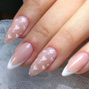 Almond Press On Nails French Tip White Heart Glitter Sweet Pink Glossy False Nails For Women Fashion Manicure